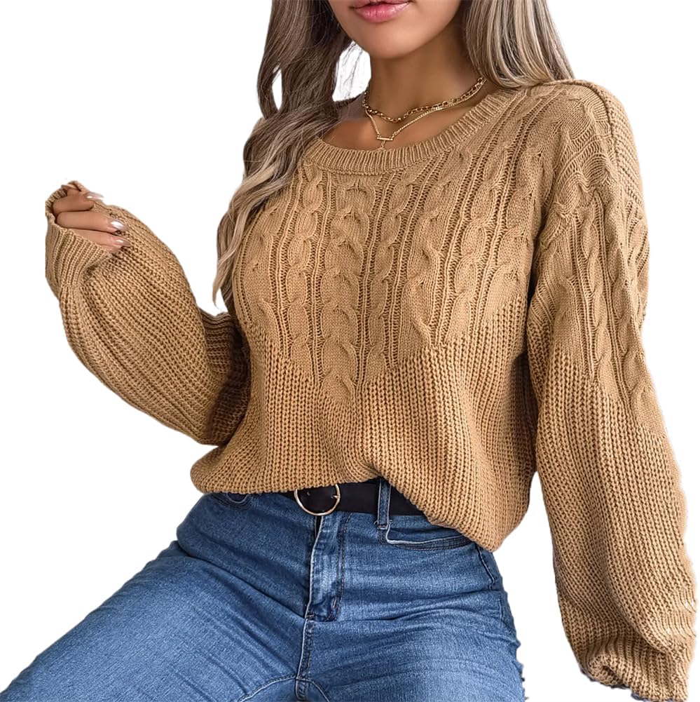 Casual Loose Knit Pullover Sweater for Winter Women' Lantern Sleeve Knitted s2 Khaki S