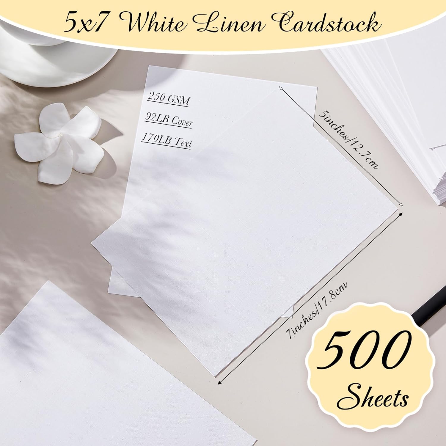 Geosar 500 Sheet Linen Cardstock 5 x 7 Invitation Cardstock Heavyweight Printer Paper 92lb 250gsm Index Cards for Printer Cover Postcards Blank Flash Note Greeting (White)