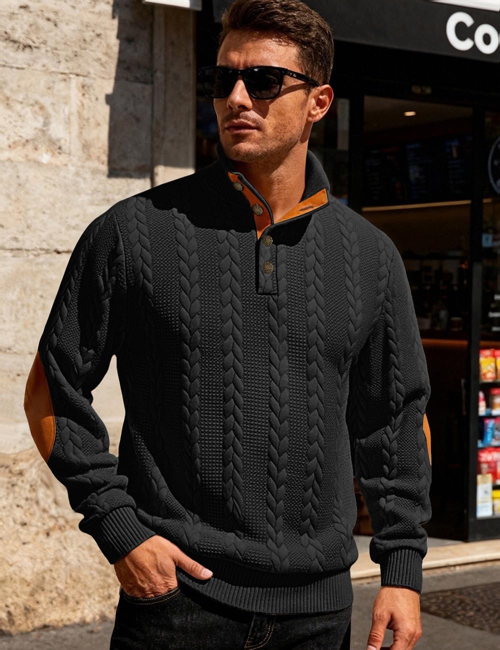Mens Sweater Knitted Quarter Button Long Sleeve Casual Sweatshirts Quilted Stand Collar Pullover Cable Sweaters - Image 3