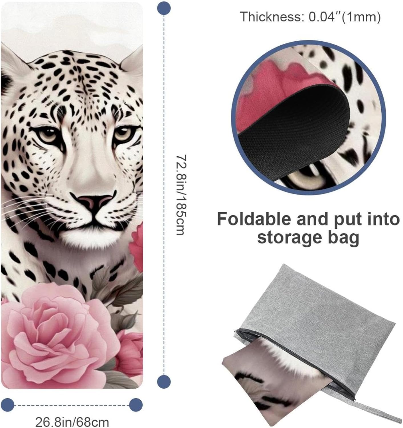 Yoga Towel, Leopard Rose Flower Non Slip Sweat Absorbent Hot Yoga Mat Towel for Hot Yoga, Pilates and Fitness - 72.8" x 26.8"