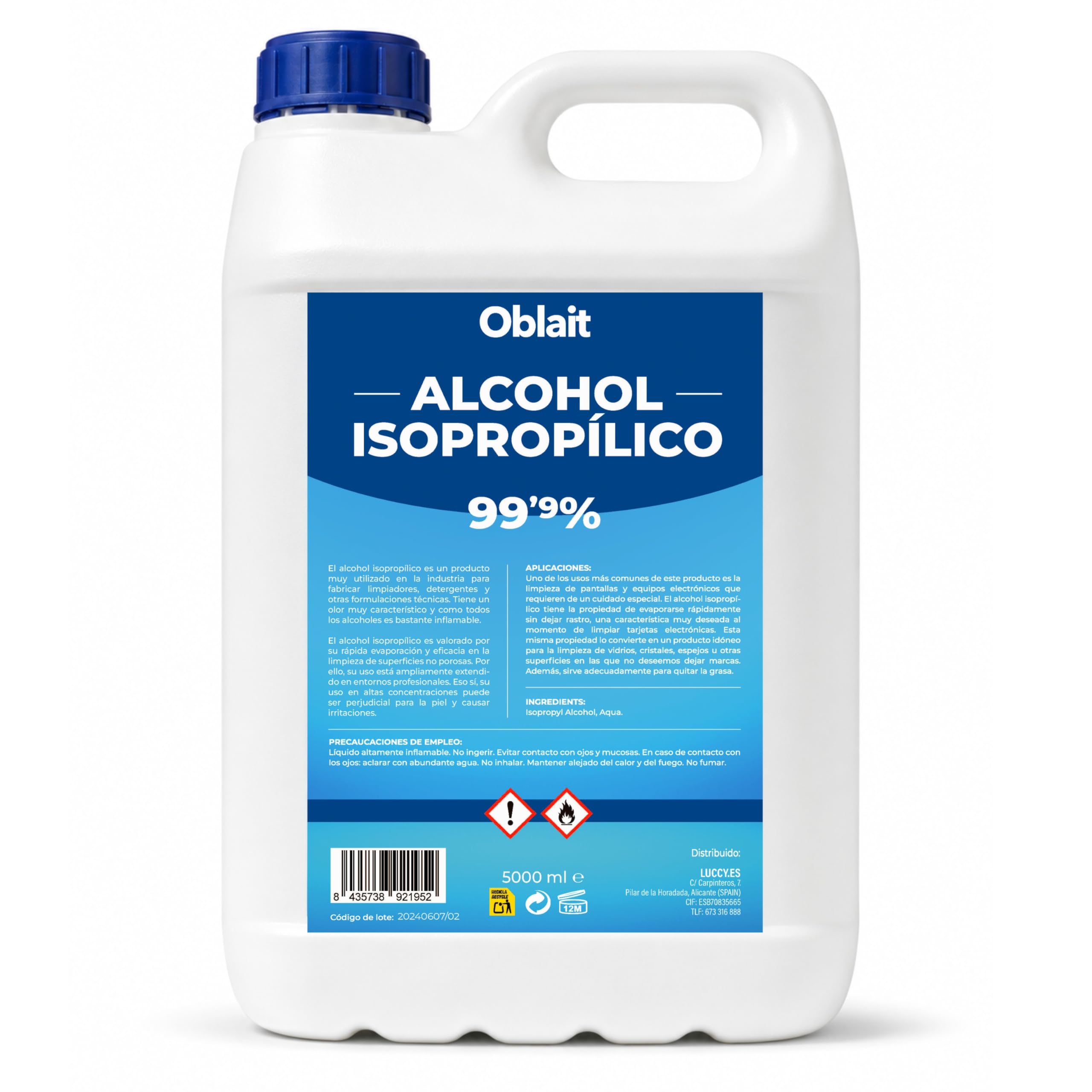 Alcohol Isopropílico 99,9% Puro 5L | Isopropanol | Limpieza de Componentes Electrónicos, Limpia Contactos, Objetivos, Superficies | Isopropyl Alcohol