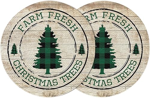 Paquete de 2 manteles individuales redondos trenzados, diseño de árbol de Navidad de grano de madera verde de 15 pulgadas, lavables, resistentes al
