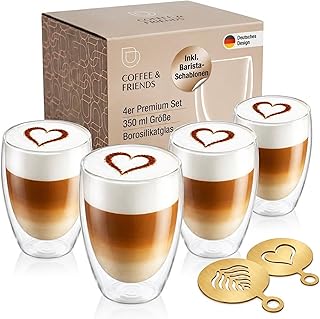 COFFEE & FRIENDS Latte Macchiato Gläser 350 ml 4er Set inkl. 2 Kaffee-Schablonen – doppelwandig, hält Getränke 3x länger warm, ohne Kondenswasser, Geschenkbox