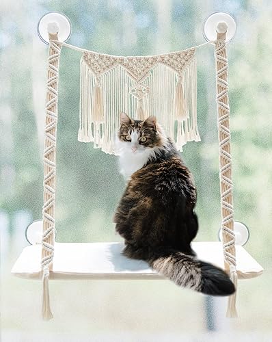 Dahey Hamaca de macramé para ventana de gato, hamaca bohemia para gatos montada en la pared, asiento de descanso para gatos de interior, ahorro de