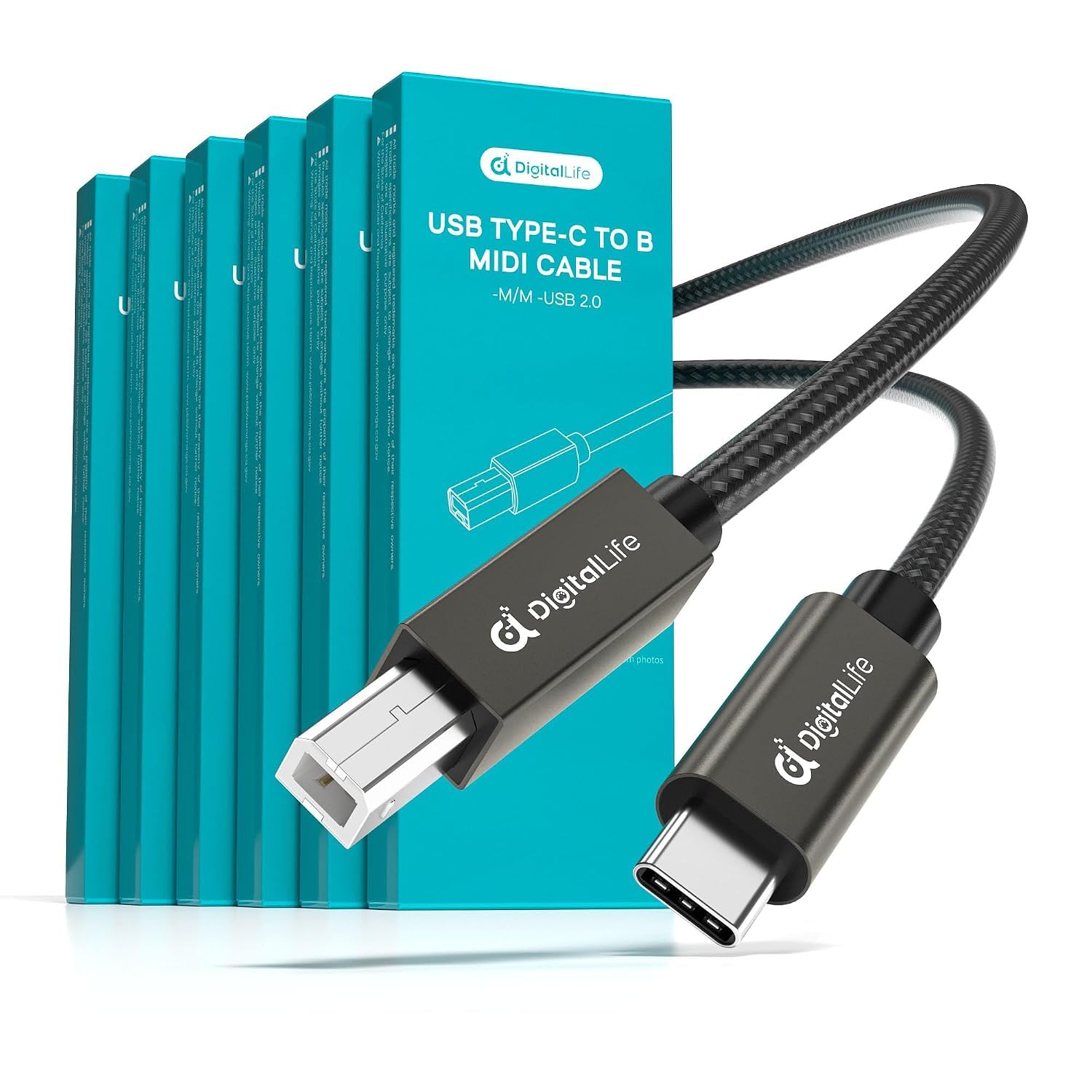 DigitalLife FlexMIDI Vortex Cable de Interfaz MIDI USB-C a B de 1.8m | Trenzado de Nylon | para Controladores MIDI e Interfaces de Audio USB | Compatible con Windows, macOS, Linux | MIDI-CB180-P6