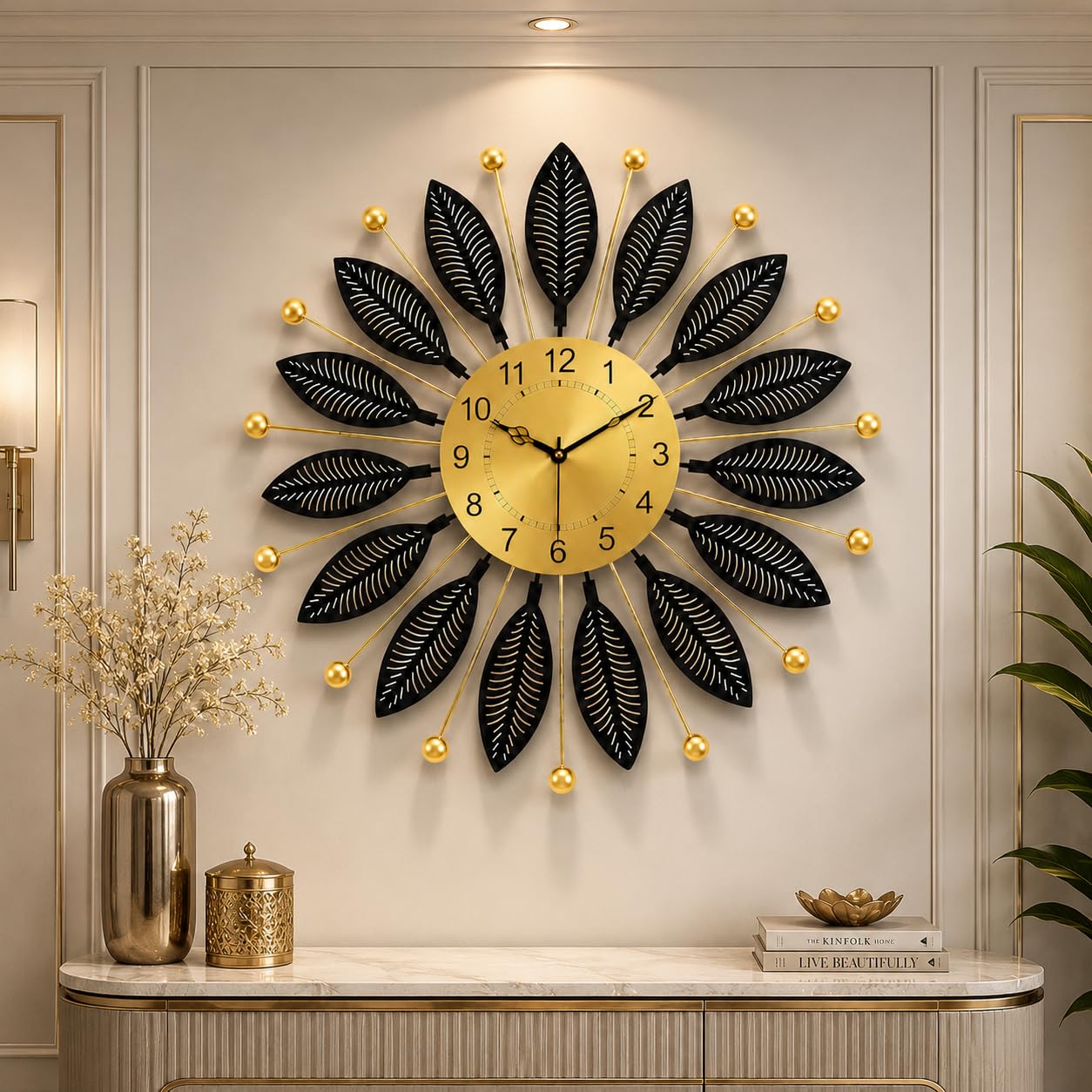 Premium Metal Wall Clock | Leaf Design Silent Sweep Non-Ticking Gold Finish Wall Clock for Home, Bedroom, Hall, Office & Kitchen |60 cm Dimension (Metalic Black, Large 60 CM, Round)-image-41