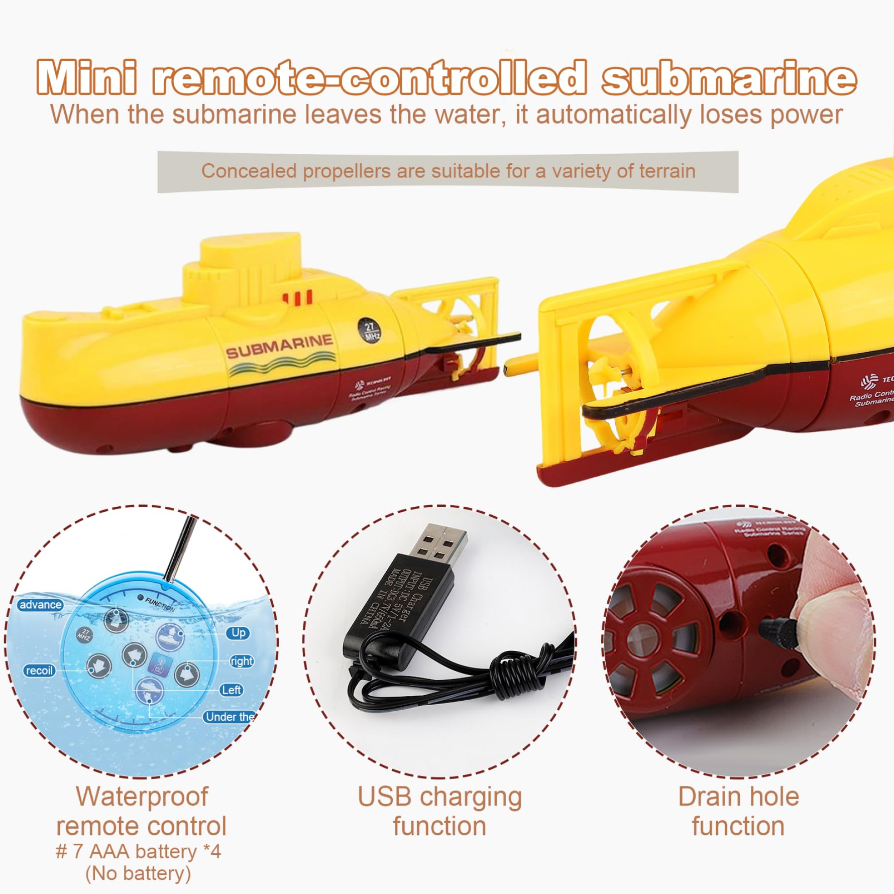 Sottomarino RC con telecomando impermeabile Sottomarino sommergibile a 6 canali Giocattolo USB ricaricabile autoraffreddante per bambini