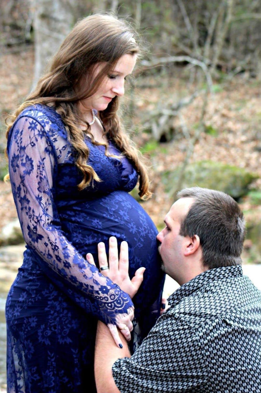 ZIUMUDY Sexy Deep V-Neck Long Sleeve Lace Beach See-Through Maternity Maxi Dress: X-Large Navy Blue