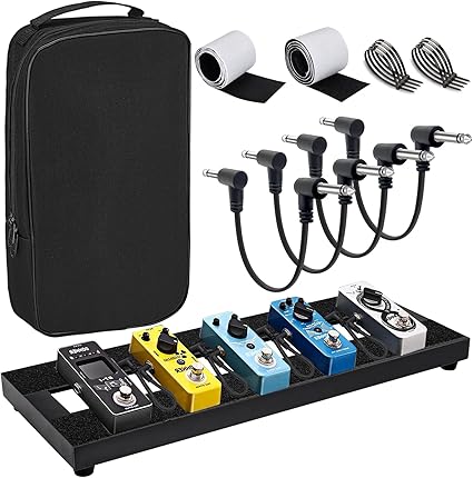 Small Guitar Pedal Board, 15x5.7x1.18", Aluminum Alloy Black Effects Mini Pedal Board with 4 Pcs 6 Inch Guitar Pedal Cable, Carrying Bag, Adhesive Hookside Tape