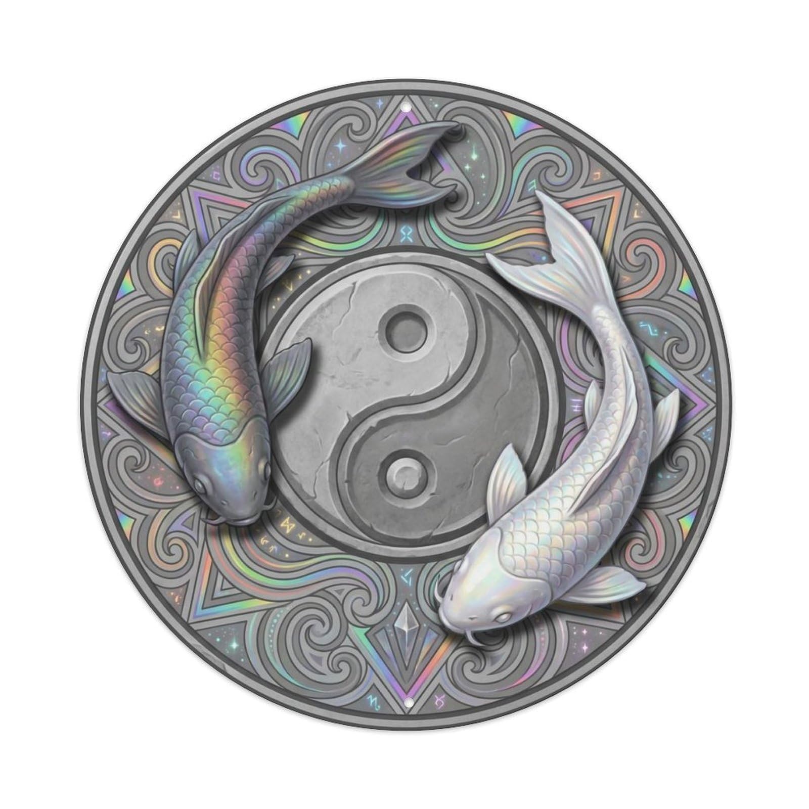 Tai Chi Koi Fish Spectrolite Gray Rainbow Stone Metal Tin Sign