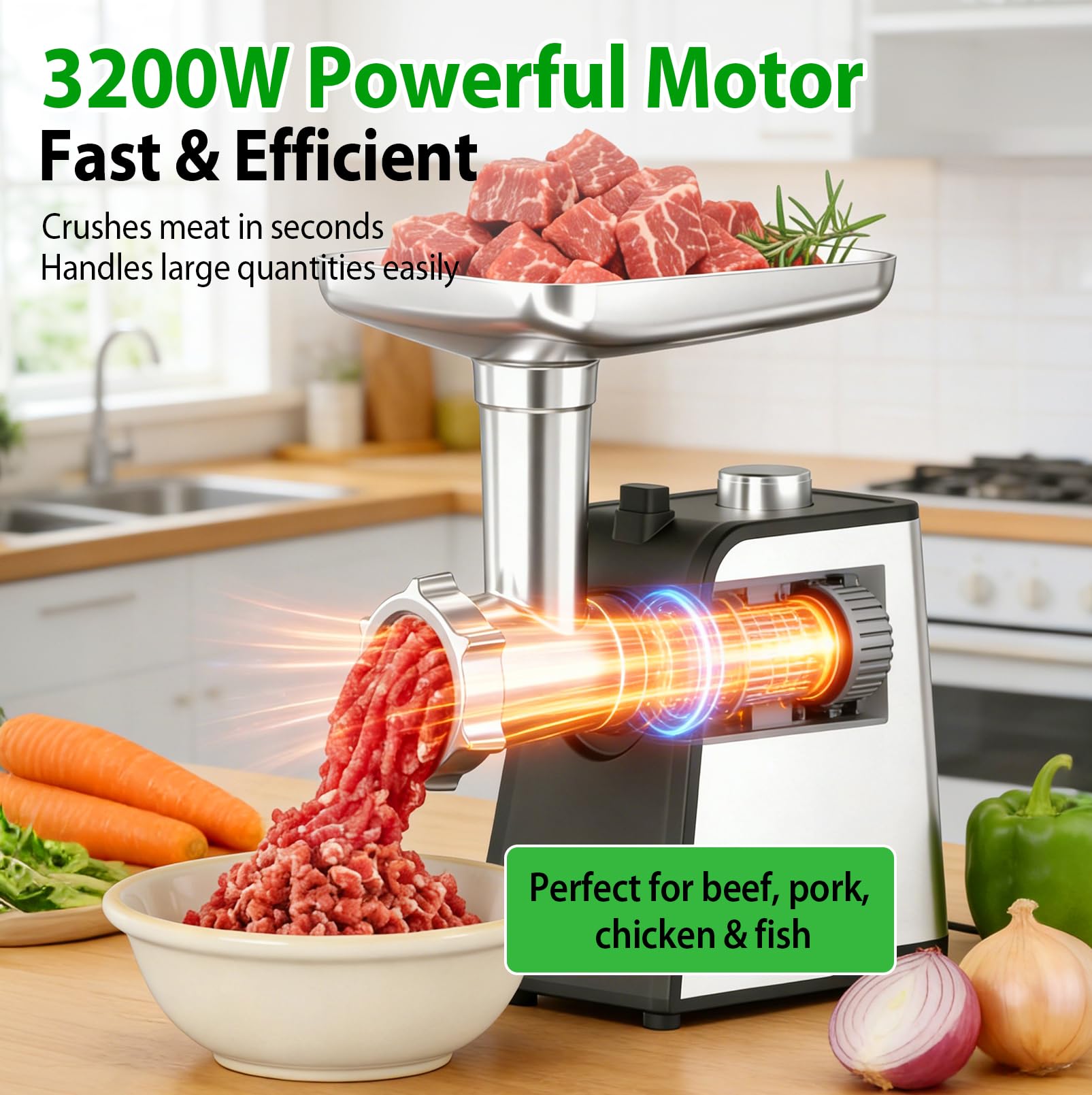 Picadora de Carne Eléctrica 3 en 1 con Embutidora de Salchichas | Picadora de Carne 3200W de Acero Inoxidable, Máquina de Salchichas con 3 Tubos de Relleno, 3 Placas de Corte, 2 Cuchillas