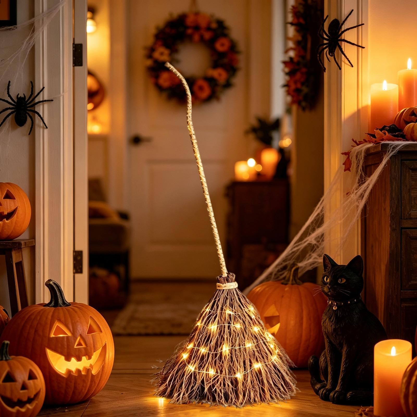 Halloween Escoba Funciona con pilas LED Interior Exterior | Escoba de bruja Decoración de Halloween para Fiesta de Halloween, Festival, Patio, Árboles, Salón, Balcón, Entrada y