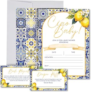 Ciao Baby Italian Baby Shower Invitations Bundle 20 Lemon Blue Tiles Mediterranean Summer Fill-In Invites + Envelopes