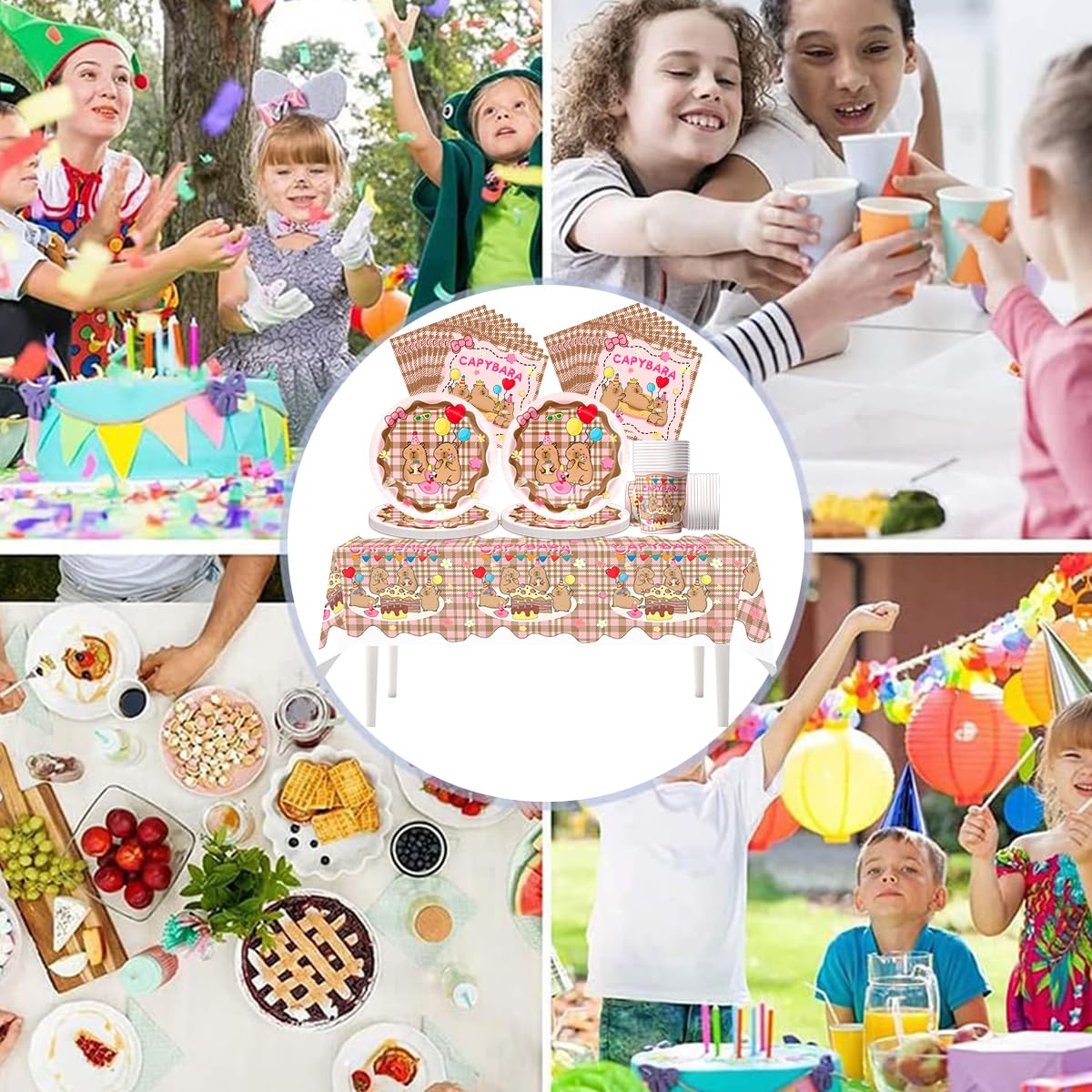 Capibara Stoviglie per feste, 61 pezzi Stoviglie per compleanni per bambini, Set di piatti di carta per feste Tema animale, Compresi bicchieri, tovaglioli e tovaglie, Adatto per 20 persone