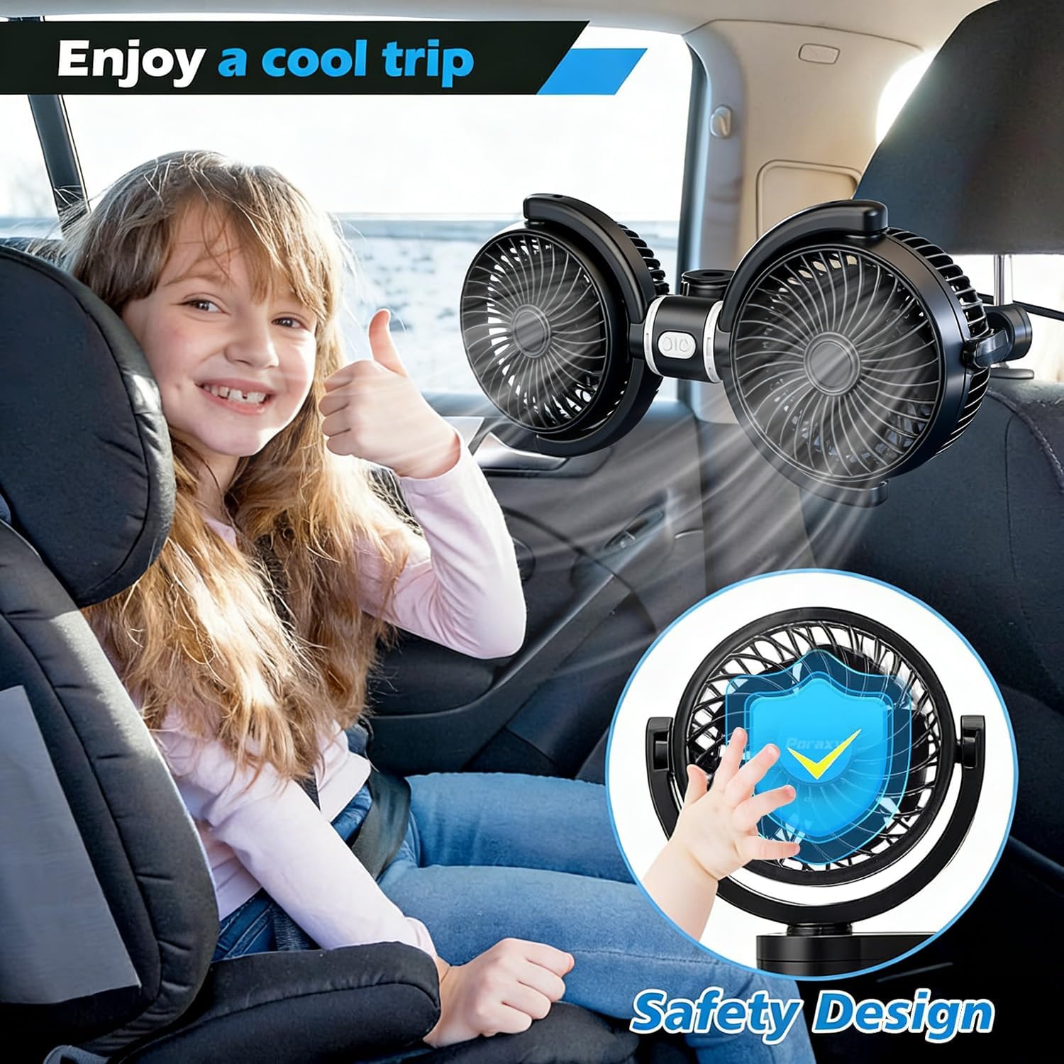 USB Car Fan for Back Seat for Kids, Quiet 3 Speed Independently Controlled, 360° Rotate Dual Head Car Seat Fan with Strong Wind to Promote Air Circulation, for SUV, Sedan & Truck