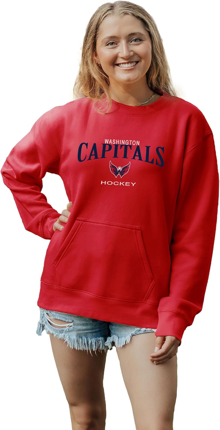 Blue 84 Women's NHL Officially Licensed Pocket Crewneck Sweatshirt Embroidery Team Color
