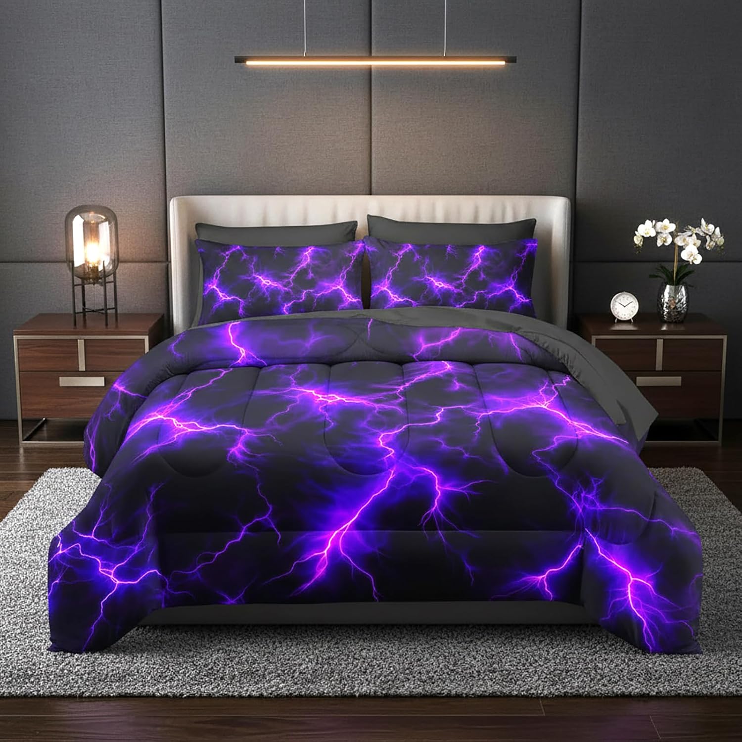QOOMO Purple Lightning 7 Pieces Comforter Set Twin Size,Neon Lightning Bedding Set for Kids-Include 1 Comforter,1 Fitted Sheet,1 Flat Sheet,2 Printing Pillowcases and 2 Black Pillowcases