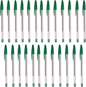 25 Pcs Green Pens, Green Biro Pens Medium Tip Ballpoint Pen for Writing, Secure Cap, School, Home, Office