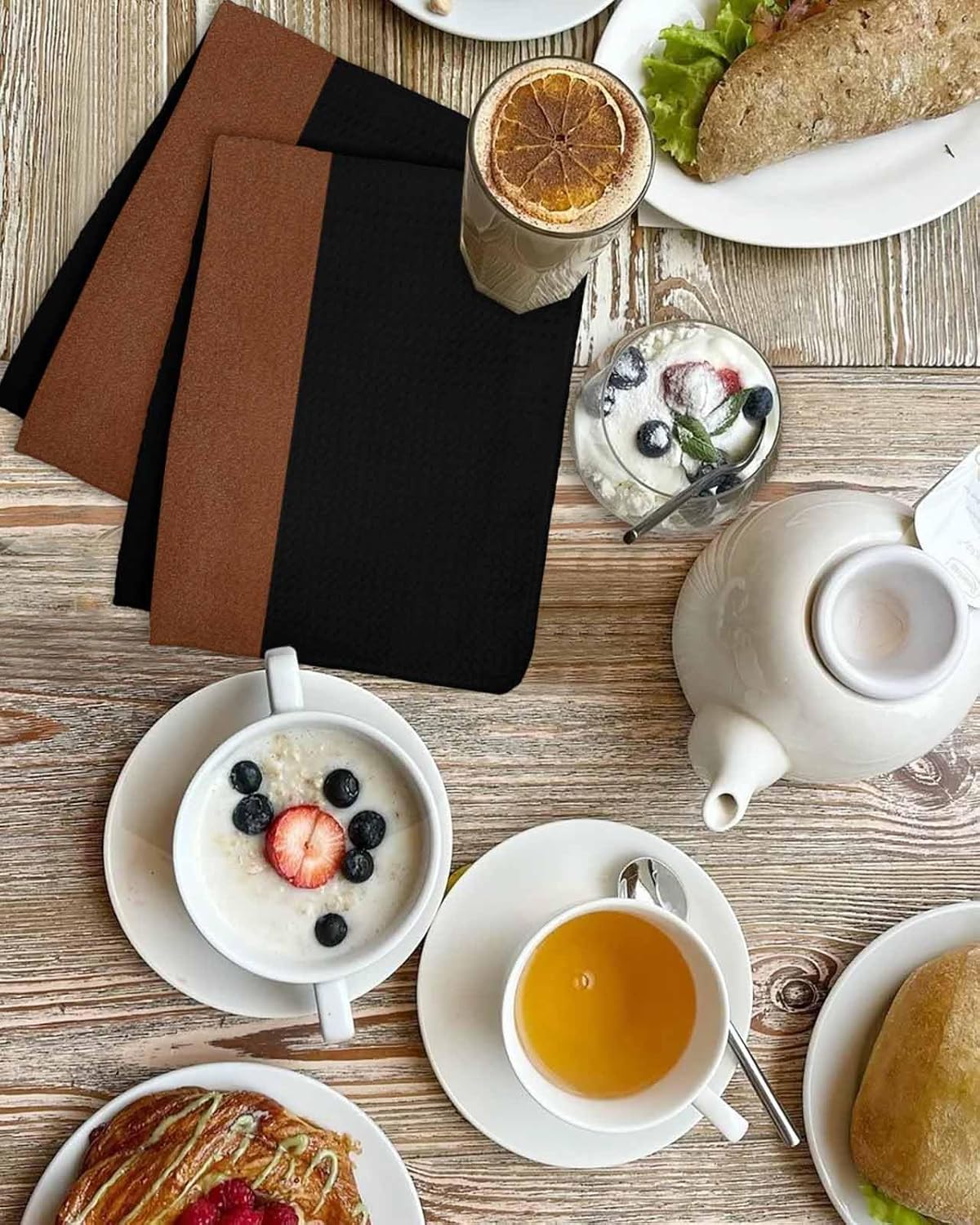 DecorLovee Black Brown Kitchen Towels Set of 3, Waffle Microfiber Towels Cleaning, Absorbent Dish Towels Cloths Decorative Hand Towels for Bathroom 16x24 Inch