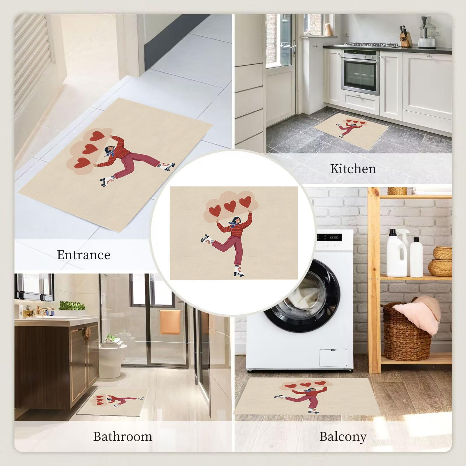 90X150Cm Zerbino Ingresso Interno Antiscivolo Assorbente, Tappeto In Microfibra Sottile Lavabile Con Ragazza Carina Pattini Rotelle Semplice Cuore Geometrico Per Cucina Bagno Porta E Animali, Beige
