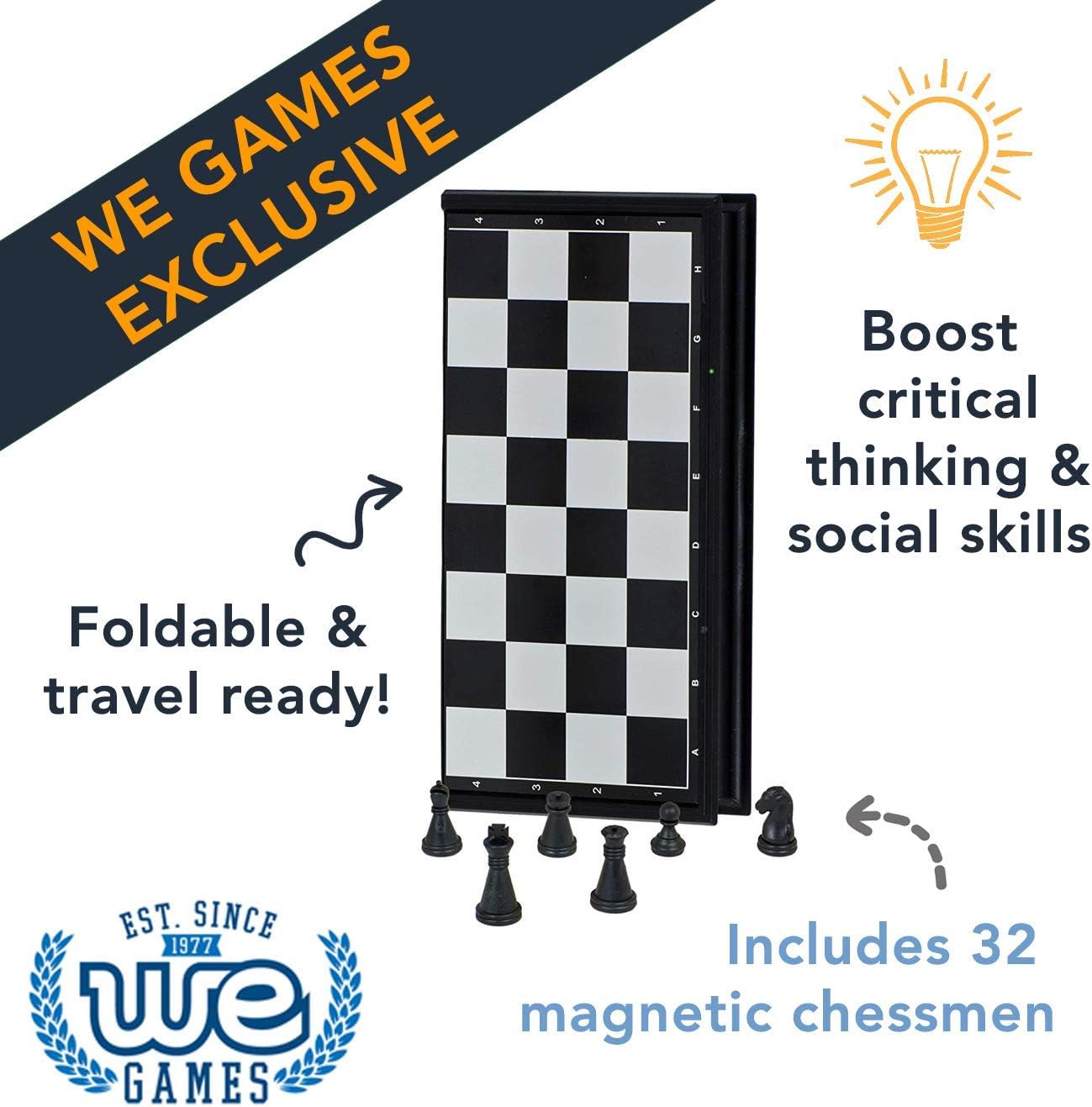 WE Games Travel Chess Set Magnetic - 10 inch Travel Games for Adults, Travel Chess Set with Magnetic Chess Board, Pocket Games for Vacation, Portable Travel Size Games