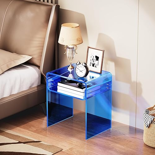 Miniatura 83 de Mesa auxiliar de acrílico transparente de 2 niveles para sala de estar, dormitorio, decoración del hogar (amarillo) Negro -,Azul,Claro,Transparente