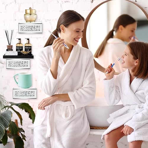 Miniatura 7 de Tuanse 4 estantes flotantes de diamantes de cristal con espejo de 6 x 5.2 x 2.4 pulgadas para baño, dormitorio, decoración del hogar