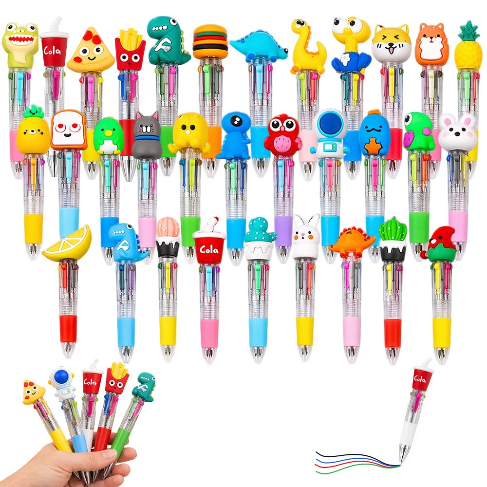 Foreverup 32Pcs Mini Multicolor Pens All in One, Party Bag Pen, 4-in-1 Colors Cartoon Novelty Pens for Children for Party Bag Fillers Classroom Rewards School Supplies End of Term Gifts