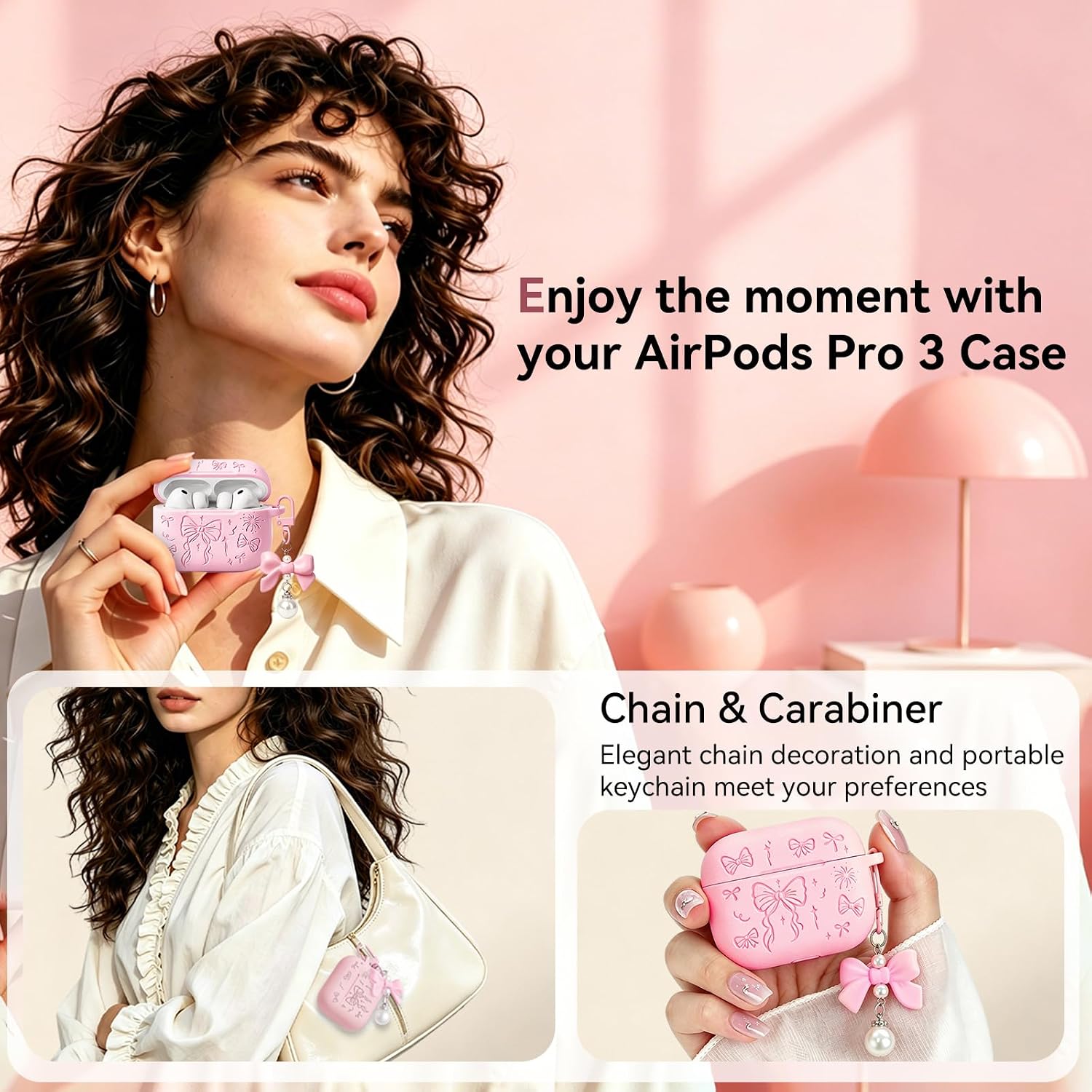 for Airpods Pro 3 Case, Joremx Bow Engraved Soft Silicone Case Cover with Keychain and Cleaner Kit for Airpods Pro 3rd Generation 2025 Protective Cute Cover for Women Girly, Light Pink