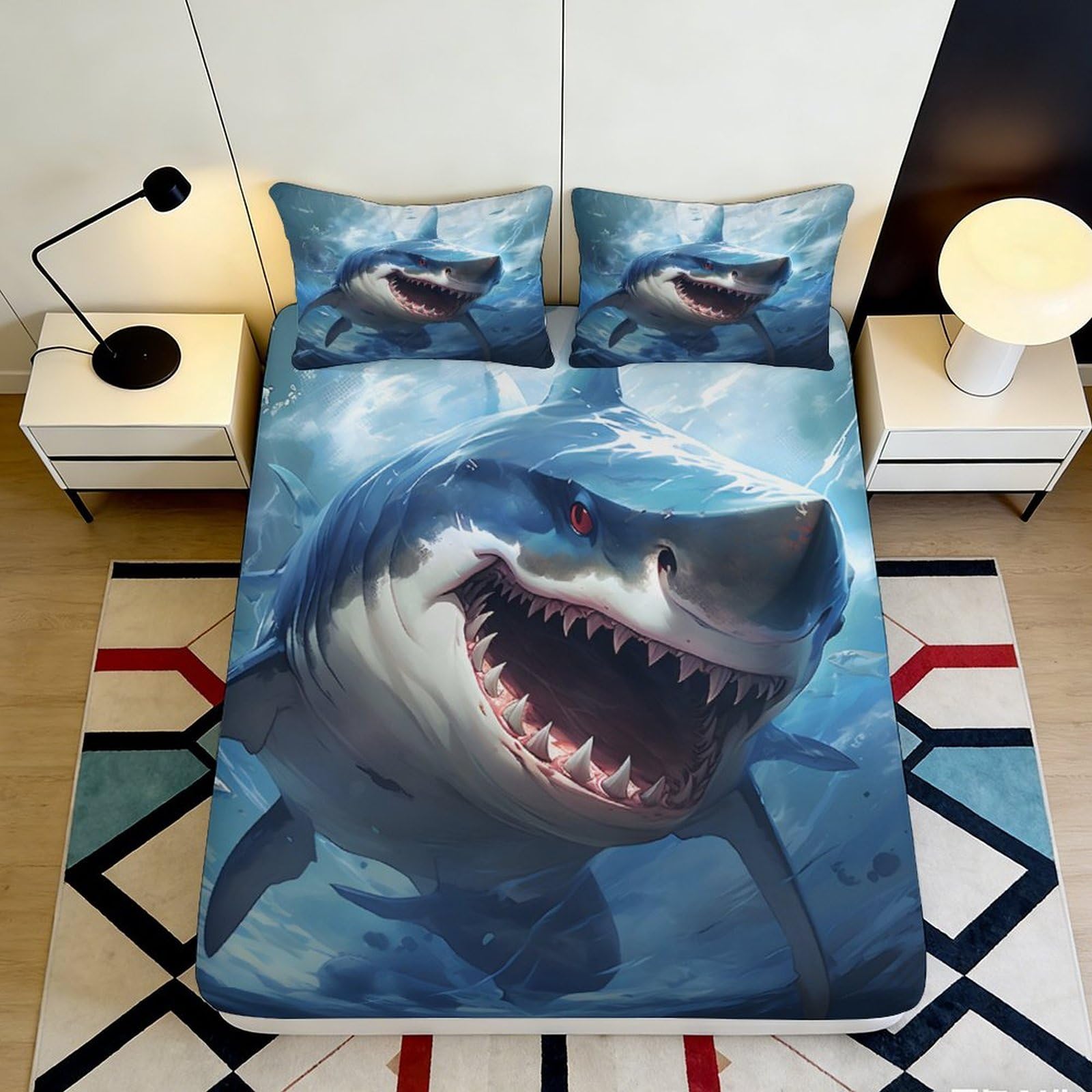 3D Printed Shark Ocean Fitted Sheet Microfiber Soft Anti-Slip Mattress Cover for Bedroom Dorm Room Easy Care Decor 120x200cm 160x200x25cm
