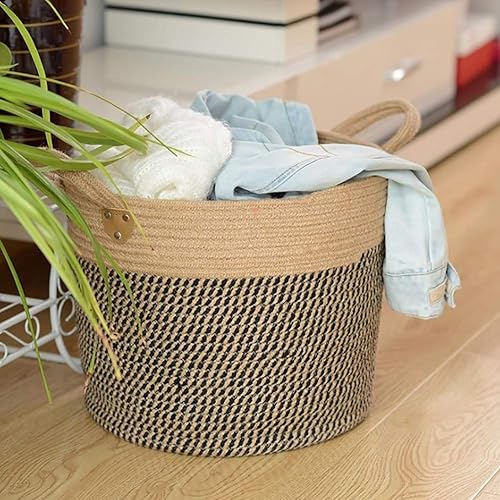 Miniatura 2 de Cesta de almacenamiento de cuerda de cáñamo de algodón con asas, cesta de lavandería tejida, cesta de almacenamiento tejida de algodón natural para