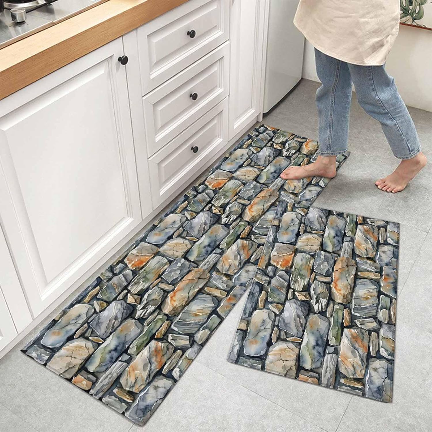 Kitchen Mats for Floor Rustic Brown Gray Stone Wall Washable Non Slip Kitchen Rugs 2PCS, Abstract Vintage Tan Absorbent Standing Mats for Sink Bathroom Office Living Room 15.7x23.6in+15.7x47.2in