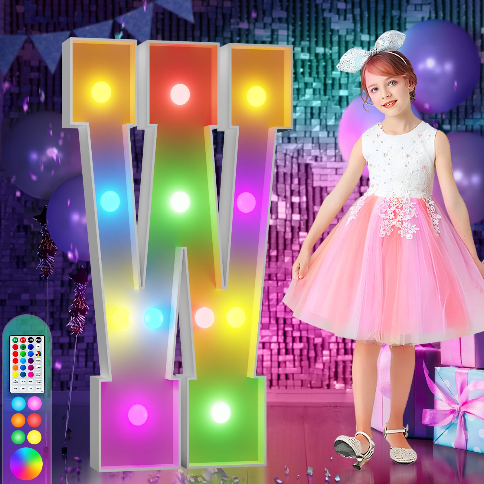 imprsv 4FT Colorful Marquee Letters W, 18 Colors Large Light up Letters Alphabet Sign with Remote, Large Marry Me Sign, Birthday Party Decorations