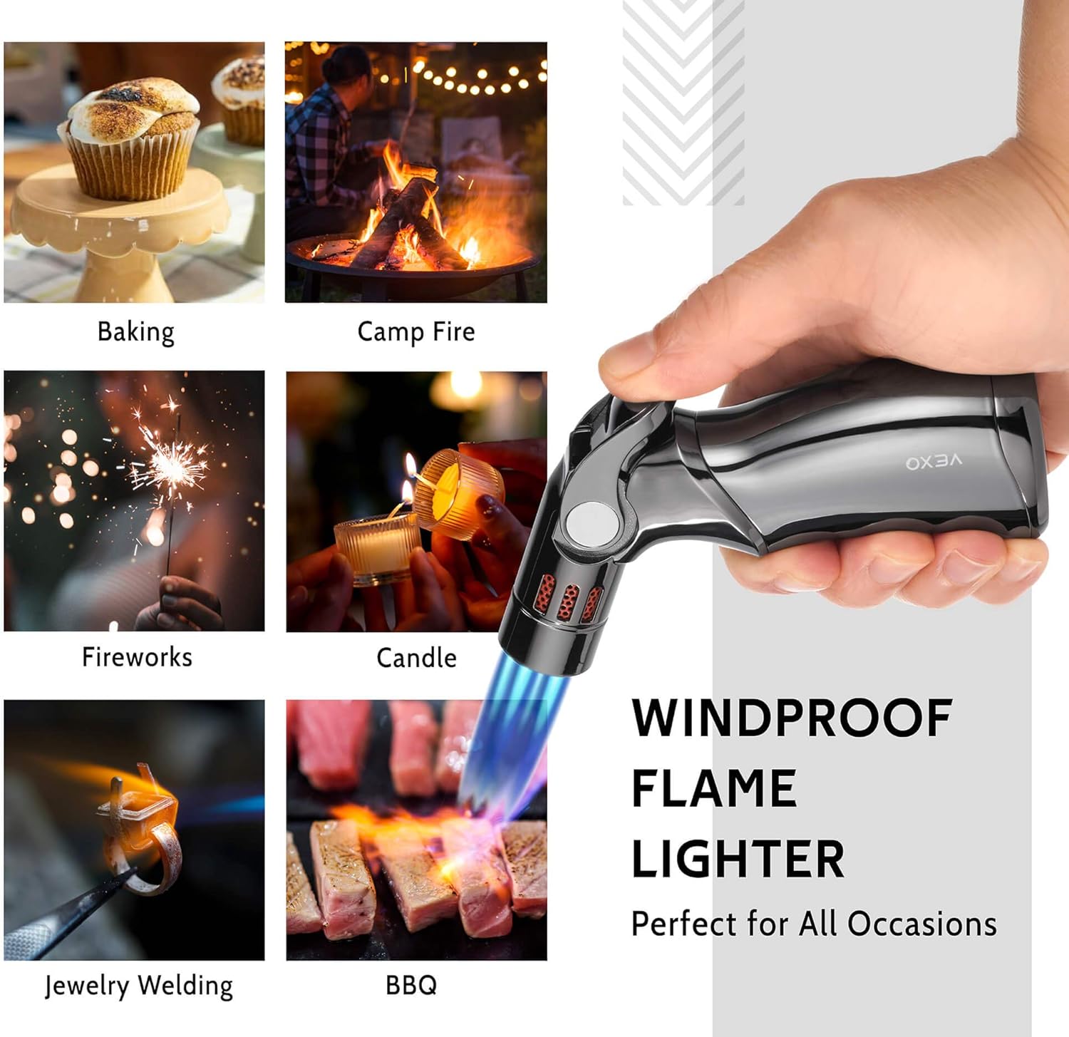 VEXO-Mini4 Torch Lighter Quad 4 Jet Flame Windproof Butane Refill Portable Lighter for Grill BBQ Candle Camping, Gift Idea (Butane NOT Included) (Black)