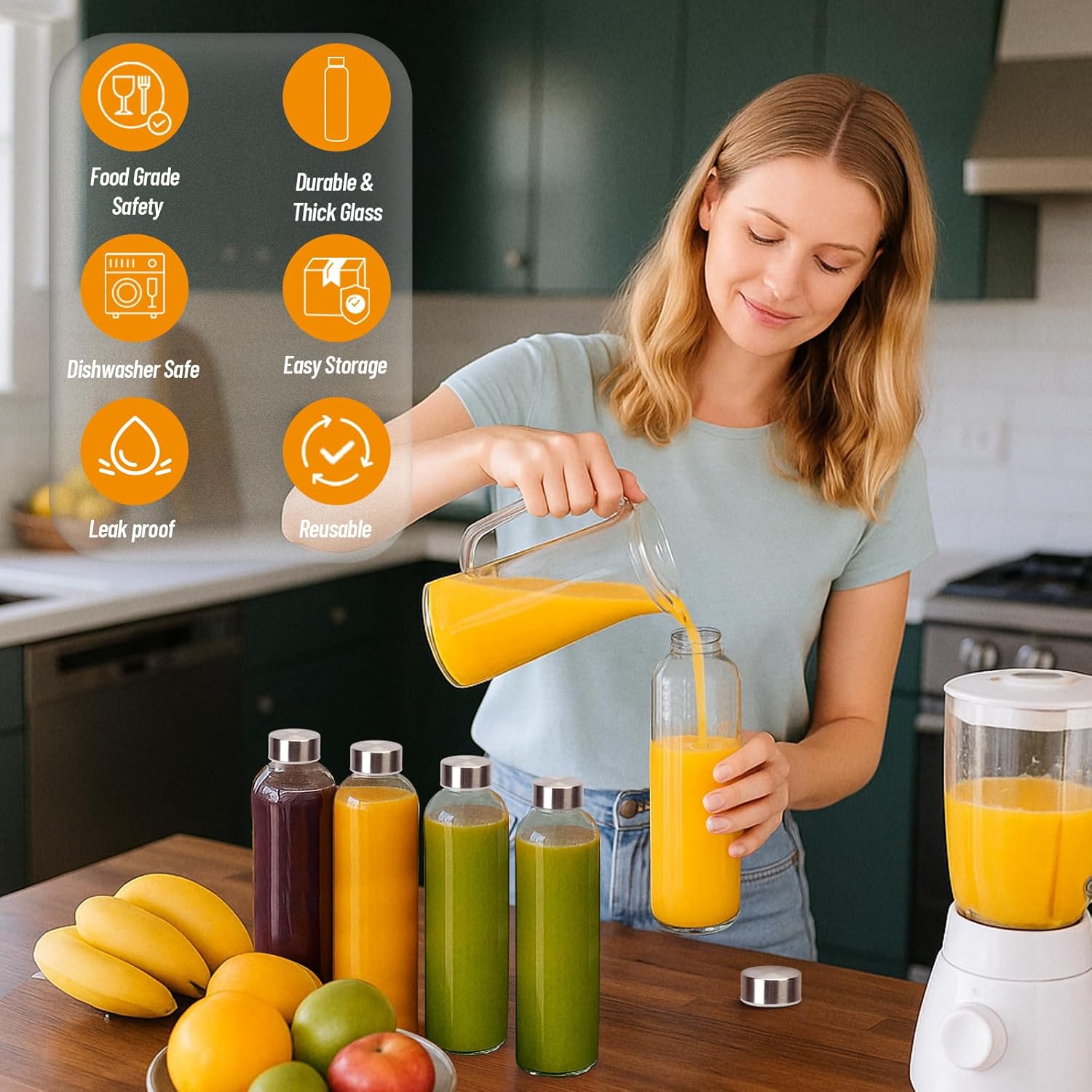 32 oz Clear Glass Water Bottles with Lids, Reusable Glass Juice Bottles with Stainless Steel Cap for Juicing, Refrigerator, 100% Leak Proof, BPA Free, Gift Set of 3 - Image 5