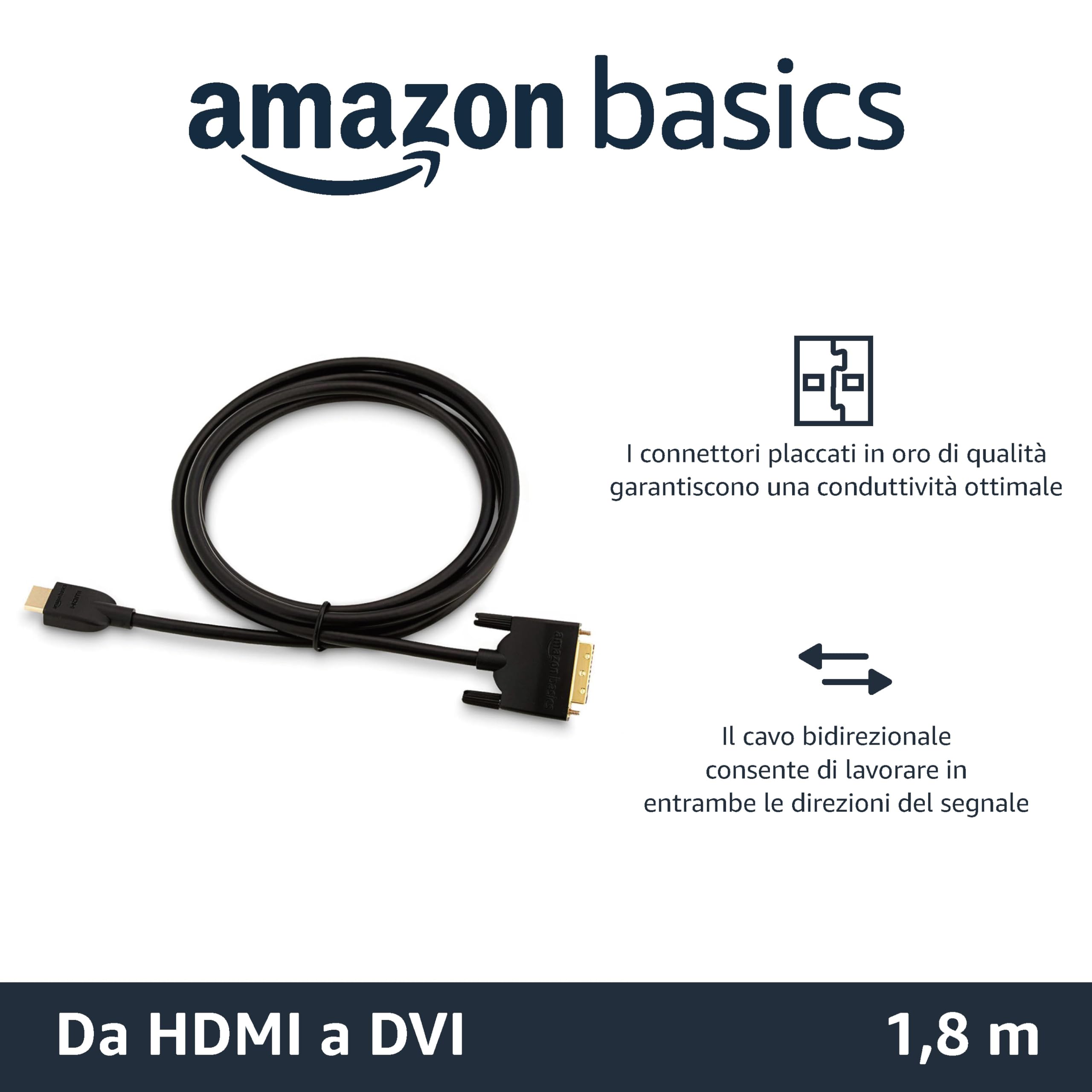 Amazon Basics - Cavo adattatore da HDMI-A a DVI (maschio), bidirezionale, 1080P, placcato oro, 1.8 m, confezione da 1 per televisore, nero