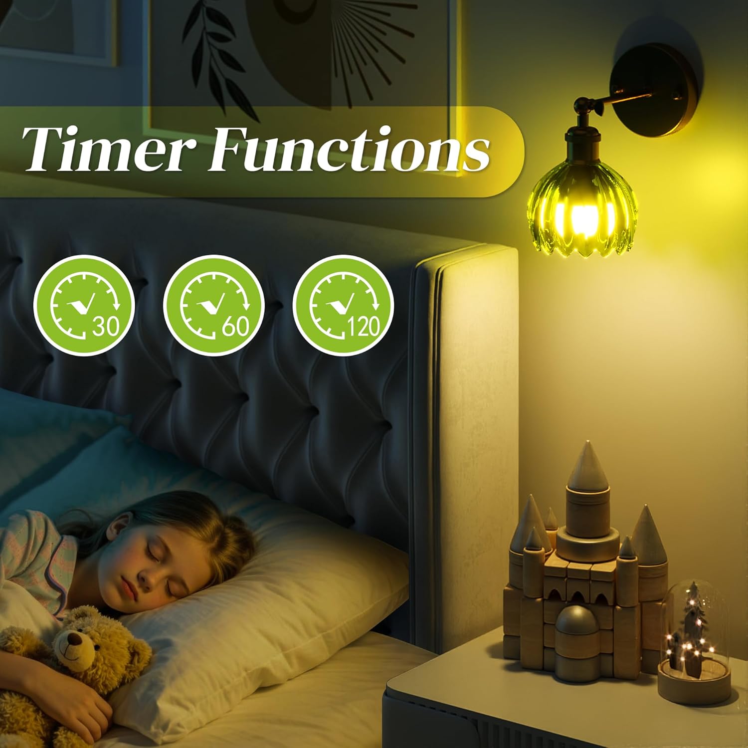 Vintage Battery Powered Wireless Wall Lamp Set of 2 Rechargeable, Green Tulip Glass Lampshade with Remote Control Suitable for Bedroom, Living Room LED Wall Lamp Fixture