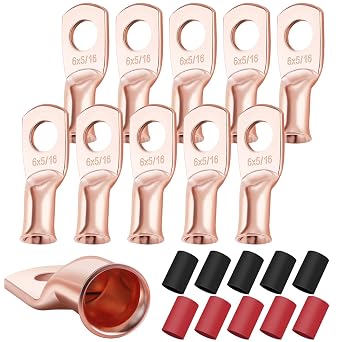 XHF 10PCS 6 AWG-5/16 Heavy Duty Battery Lugs with 31 Heat Shrink TubingUL Listed, Ring Terminals Battery Cable Ends Copper Eyelets Electrical Battery Connectors