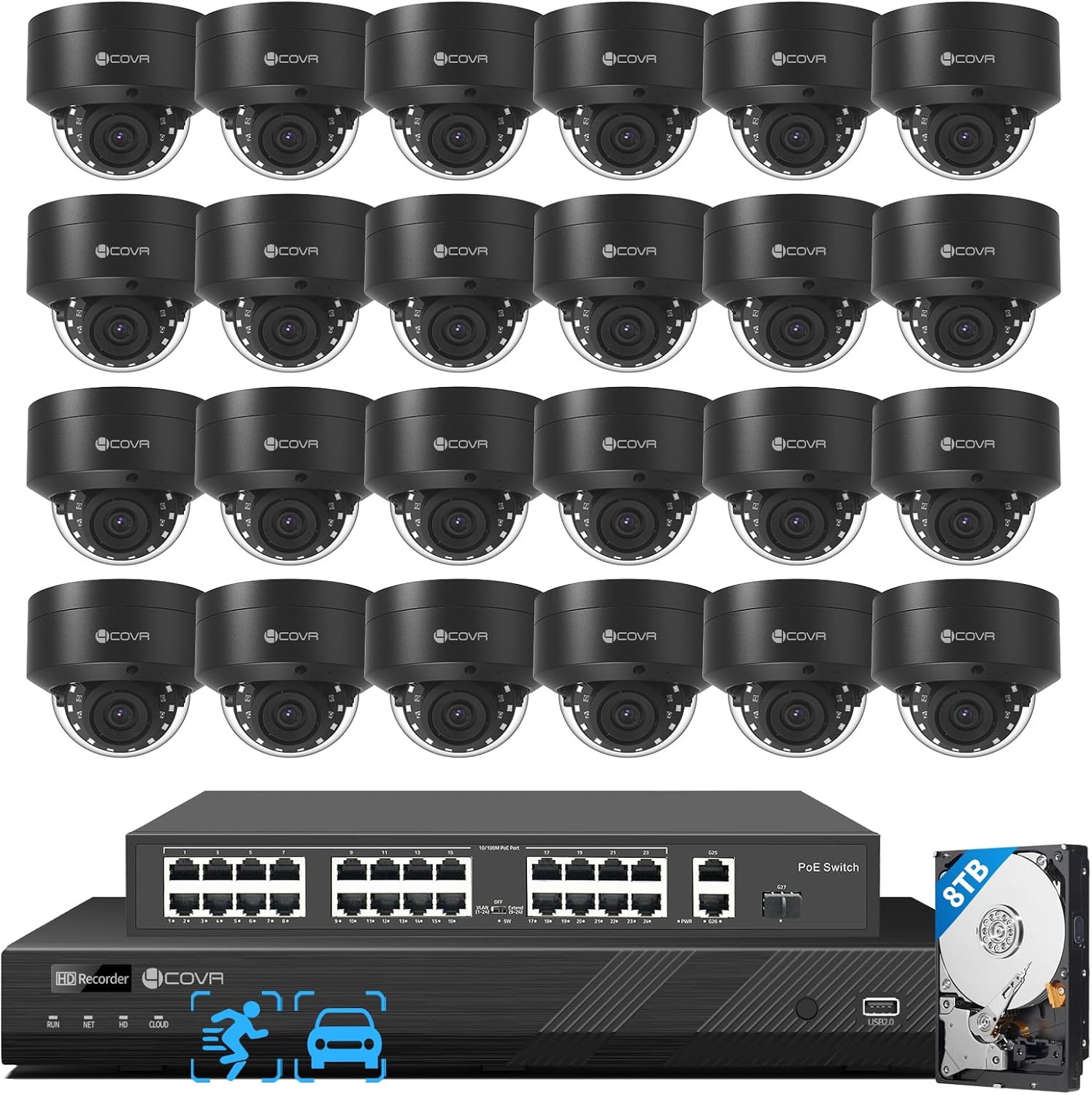 4COVR PoE 32 Channel Security Camera System AI Human Vehicle Detection, 24Pcs 5MP IK10 Vandal-Proof Dome IP Camera IP67 with Mic, 4K UHD NVR 8TB HDD, Commercial Surveillance Outdoor, LY54AB5M3224