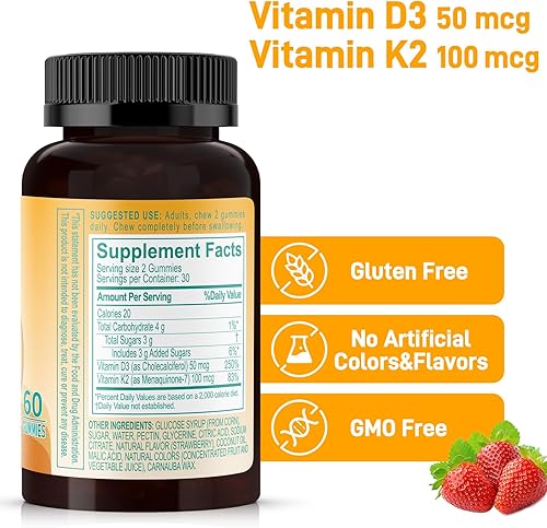 Miniatura 2 de Gomitas naturales de vitamina D3 K2, 2000 UI de vitamina D3 y 100 mcg de vitamina K2, apoya un hueso saludable, suplemento de salud inmunológica,