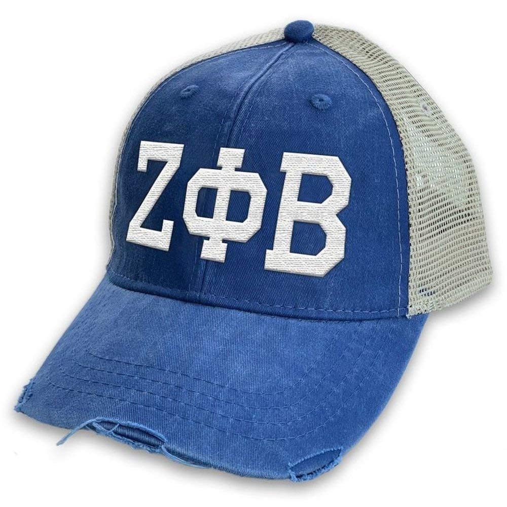 GreekgearZeta Phi Beta Distressed Trucker Hat Royal/Tan
