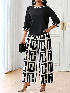Generic Women Geometric Set 3/4 Sleeve Top Wide-Leg Pants Bold Pattern Elegant Office Casual Evening Outfit