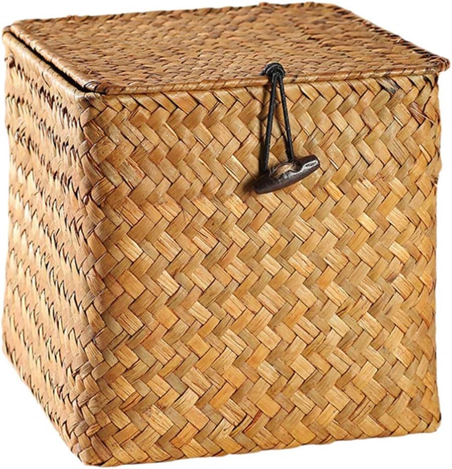 Rattan Straw Storage Basket with Lid, Square Wicker Organizer for Home Table Decoration