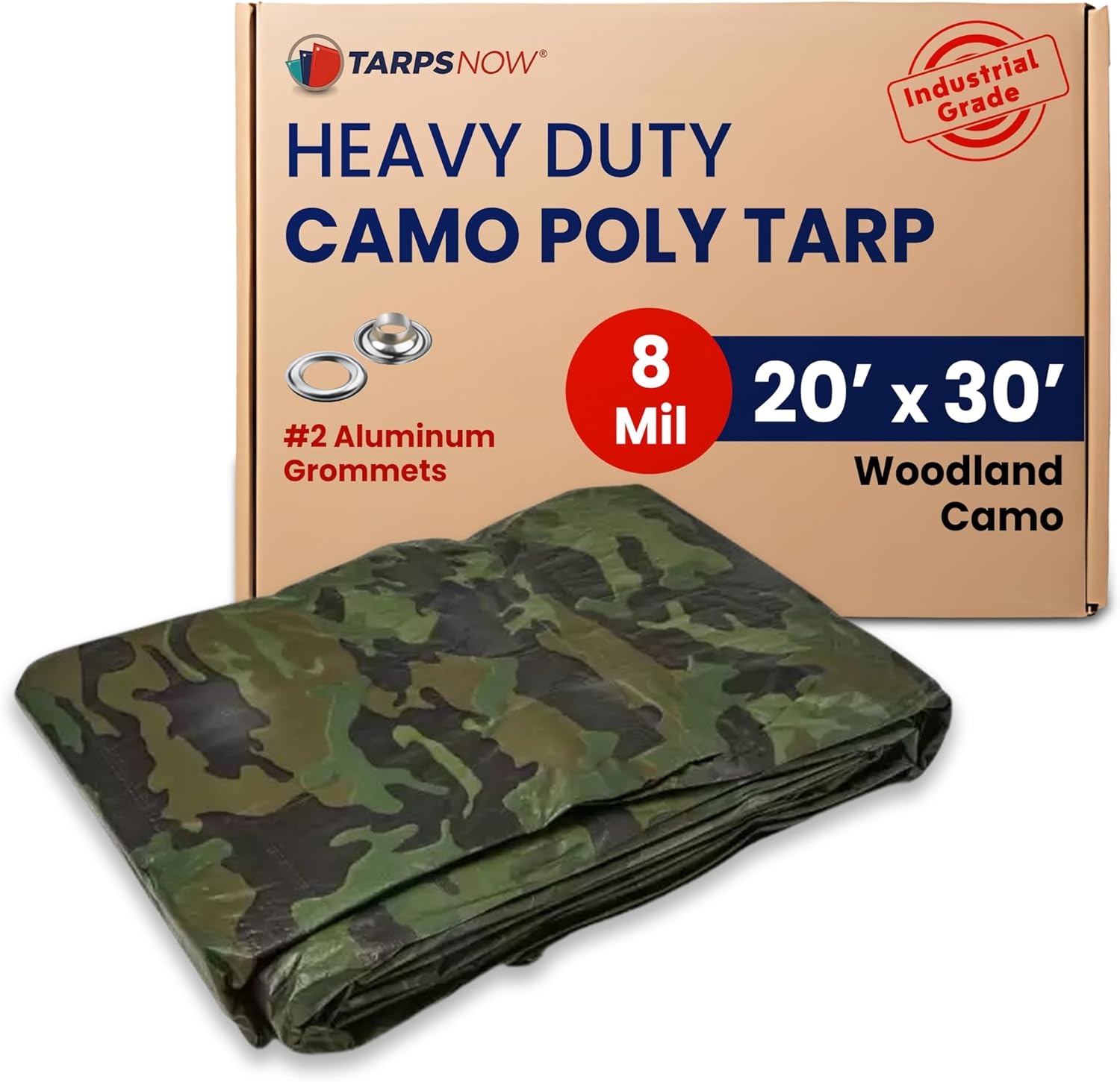 Tarps Now 20x30 ft Heavy Duty Camo Tarpaulin – 8 MIL Waterproof Camouflage Plastic Tarps with Aluminum Grommets, Reinforced Edges & Tear Resistant Cover for Camping, Roofing, Construction, Outdoor Use