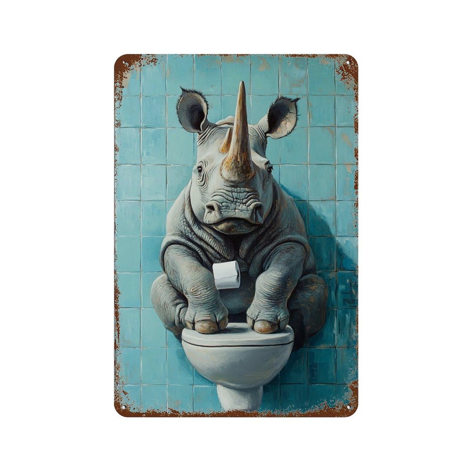 Rhino on Toilet Humor Rustic Tin Plaque 11.8"x7.9", for Pub, Kitchen And Man Cave Decor, Vintage Wall Decor