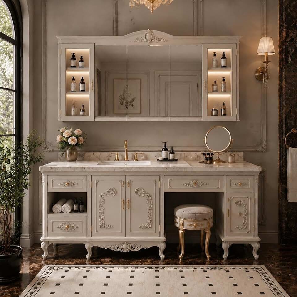 114 IN French Single Sink Bathroom Vanity with Makeup Nook & Stone Top