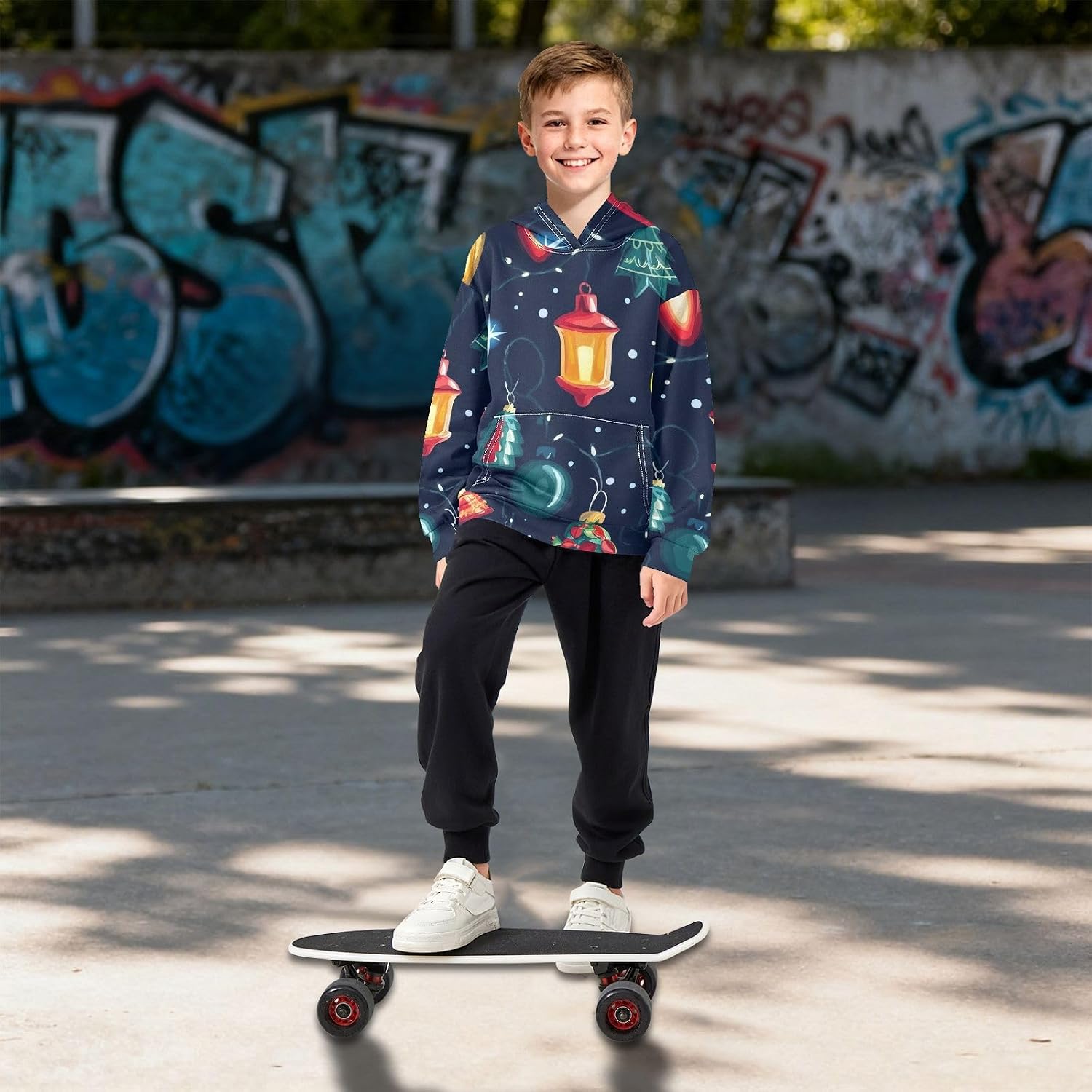 ZZXXB Christmas Lamp Ball Kids Sweatshirts Boys Girls Hooded Kangaroo Pocket Pullover Tops XS-XXL