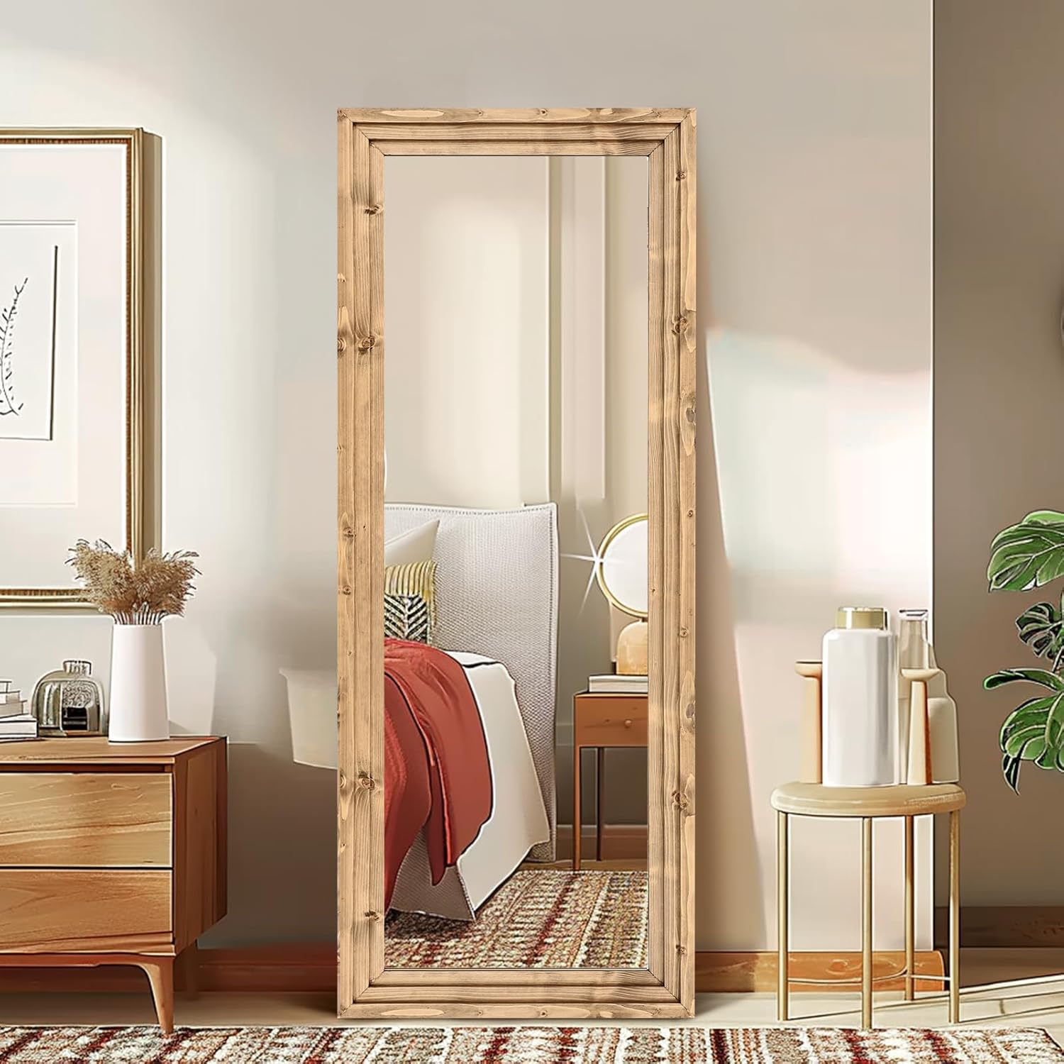 Full Length Mirror 58"x22" Solid Wood Frame Floor Large Mirror for Living Room, Bedroom Hanging or Leaning Wall-Mounted, Light Brown