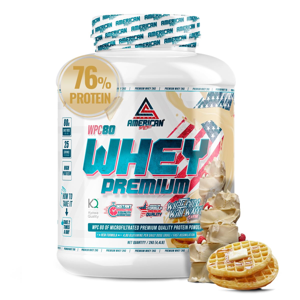 Premium Proteina Whey | Whey Protein 2 kg | Aumentar Masa Muscular | Alta Concentración de Proteína en polvo WPC80 Pura | Kyowa Quality® (2 kg, Choco Blanco con Gofre)