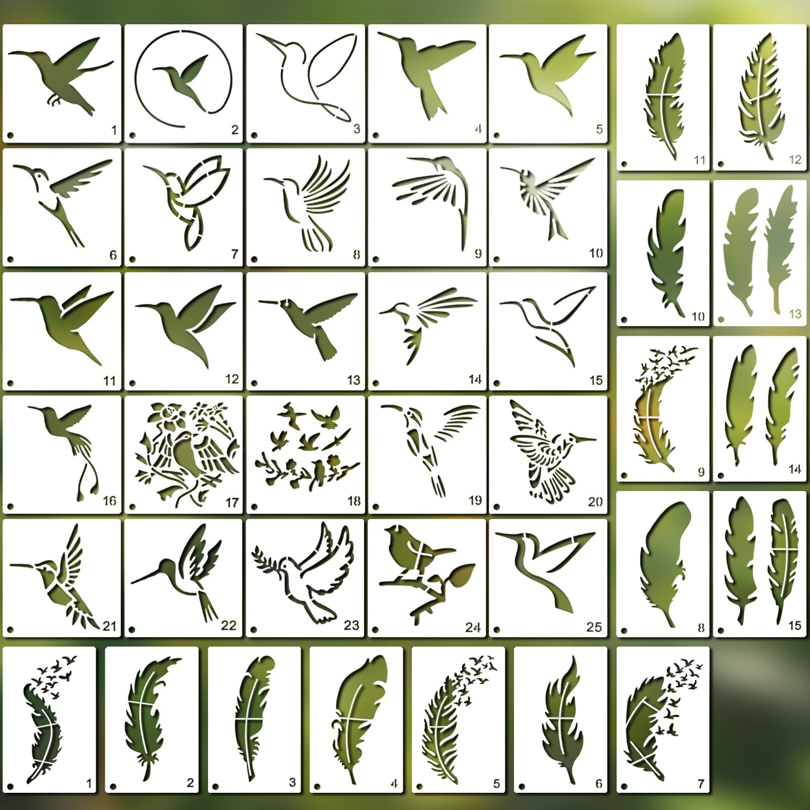 Bird Feather Stencils - 40Pcs Reusable Boho Hummingbird Templates for Painting on Wood, Fabric, Wall, Canvas, Furniture, Crafts & DIY Projects